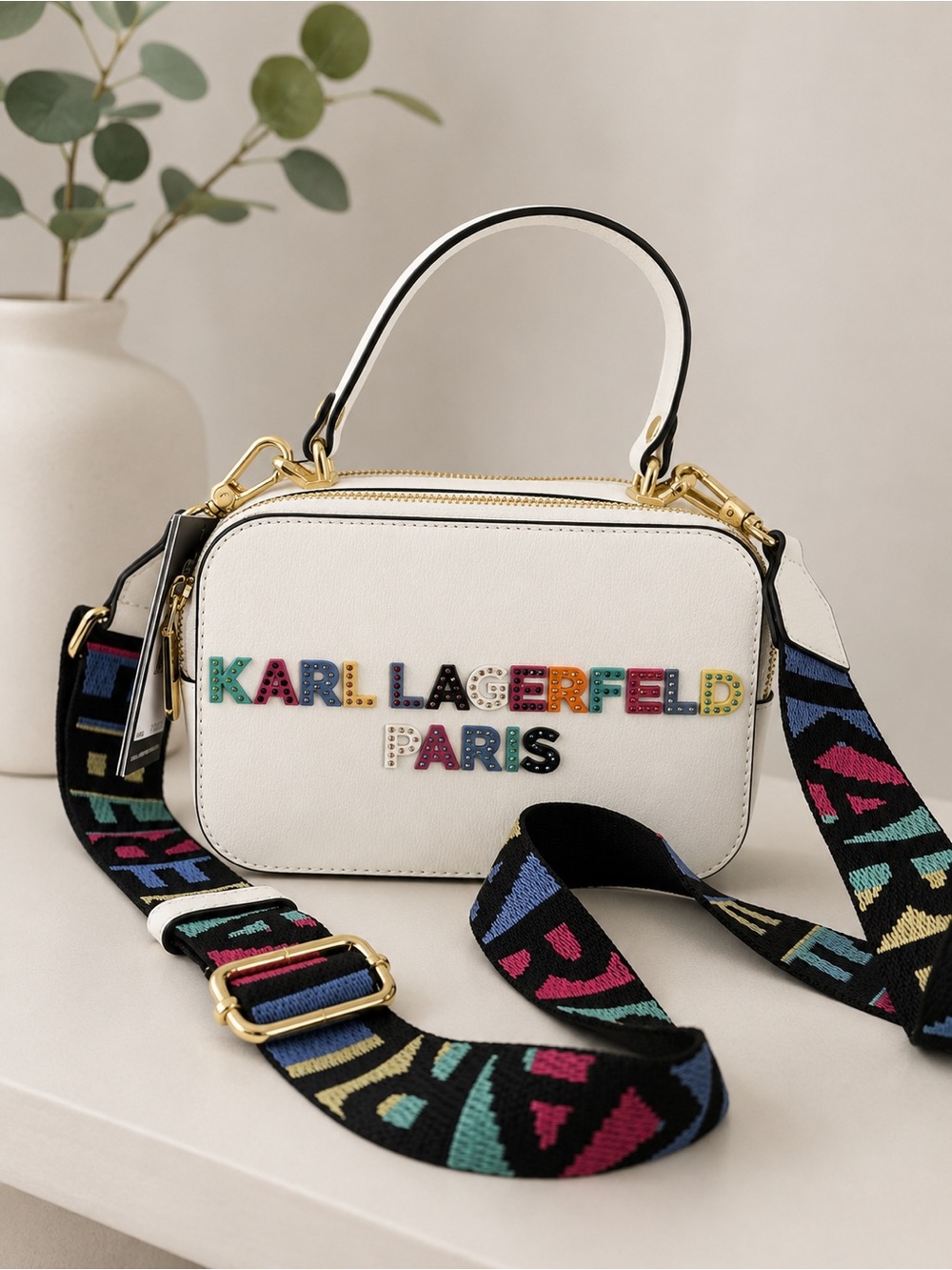 Karl Lagerfeld White Camera Bag with Multicolor Logo and Patterned Strap